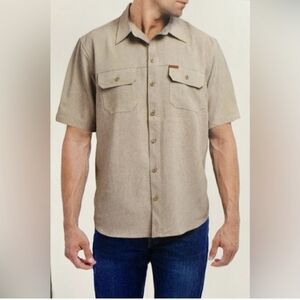 Orvis Brushed Khaki Neutral Linen Look Button Front SS W Pockets Shirt Men's XL*